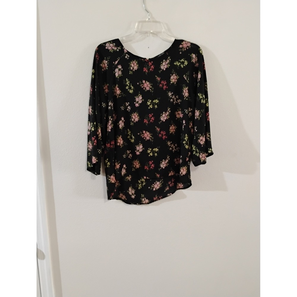 Paper Moon Black Floral Blouse 3/4 Sleeve Gold Back Zip Top Small